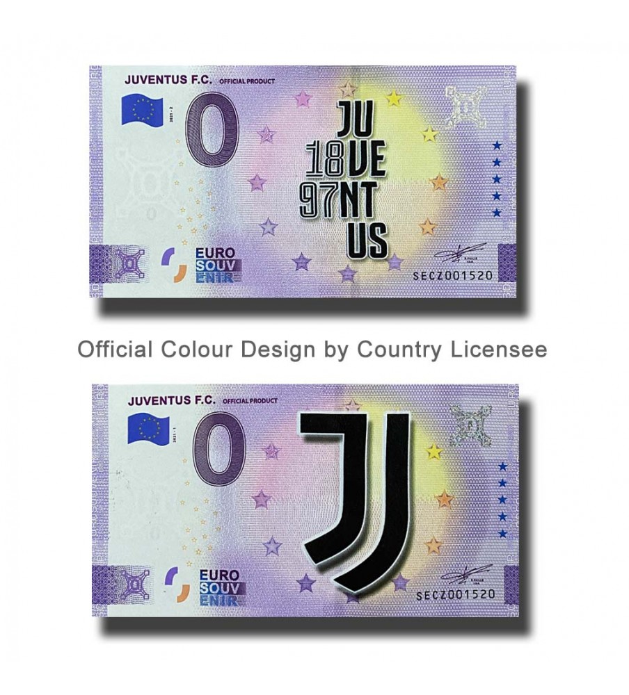 0 Euro Souvenir Banknote Juventus F.C Set of 2 Matching Numbers Colour Italy SECZ 2021-2