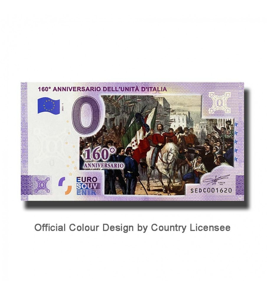 0 Euro Souvenir Banknote 160th Anniversary Dell'Unita D'Italia Colour Italy SEDC 2021-1 0 Euro Souvenir Banknote 160th Anniversary Dell'Unita D'Italia Colour Italy SEDC 2021-1